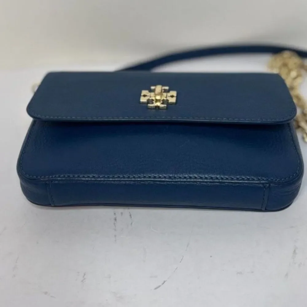 Tory Burch Navy Blue Crossbody Bag Gold Chain Logo Leather
